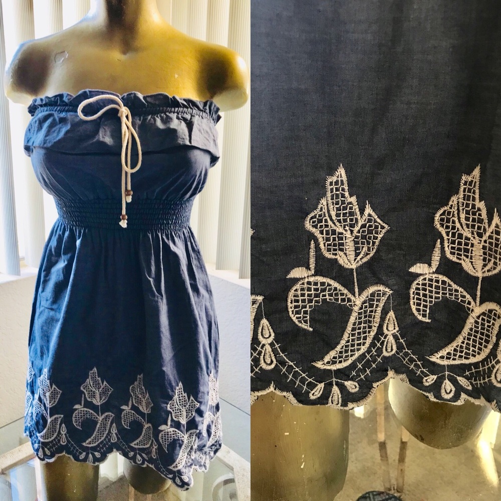 Sweet EYELET CHAMBRAY Strapless Boho  Mini DRESS S